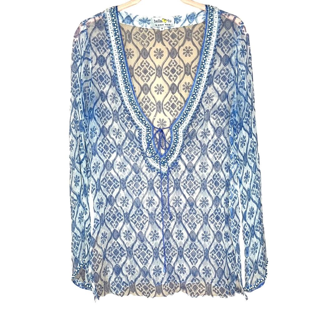 Bella Tu by Gopi Vaid Sheer Blue Beaded Tunic Women’s Sz 6 Boho Beach Festival